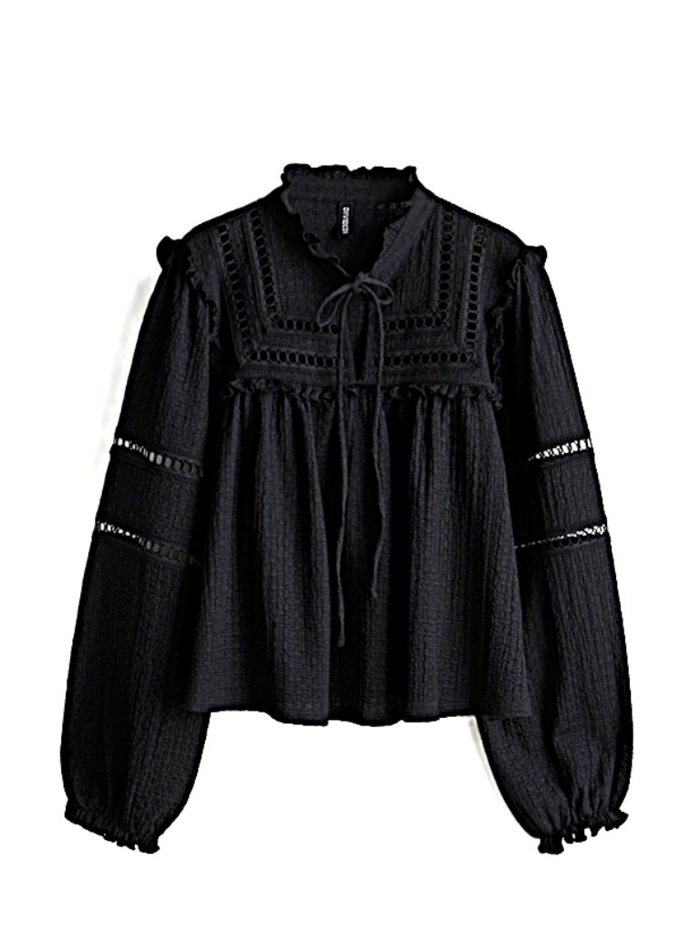 H&M Divided Black Eyelet Lace Ruffle Tie-Neck Blouse Dark Romantic Top S